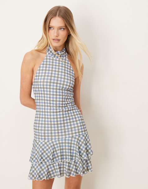 Vestido corto a cuadros vichy con falda escalonada y cuello halter efecto pañuelo de ASOS DESIGN - view 1