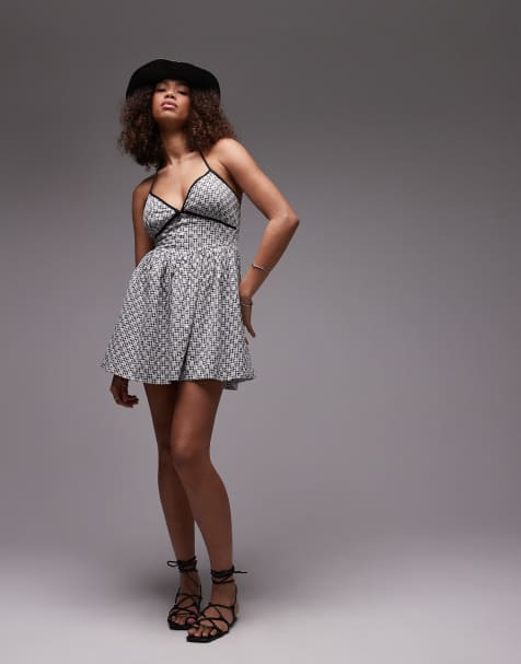Vestido corto a cuadros vichy negros con cuello halter de Emory Park - view 1
