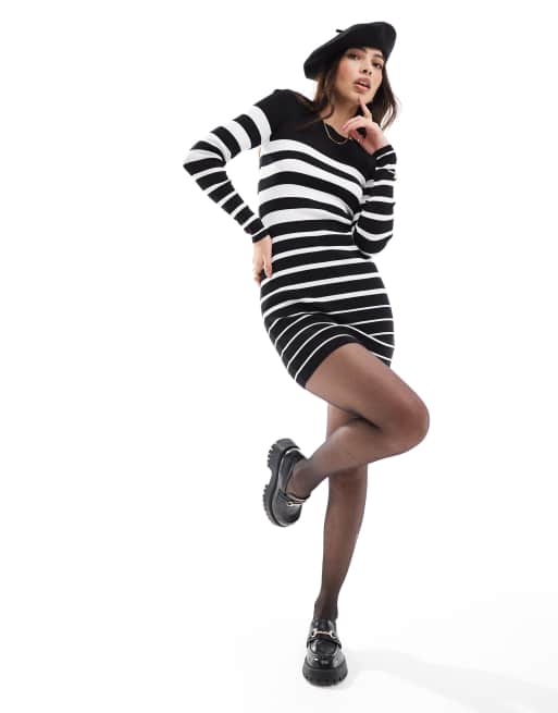 Vestido corto a rayas de manga larga de punto compacto de canalé de Miss Selfridge, 2 de 4