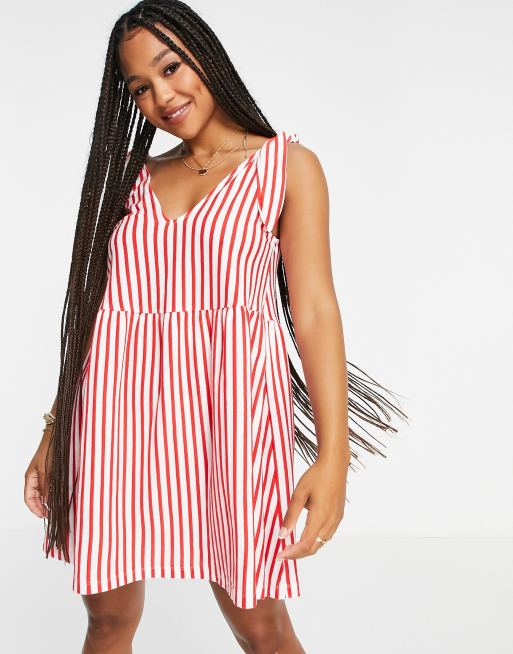 Vestido corto a rayas rojas y blancas de corte amplio con tirantes anudados de ASOS DESIGN