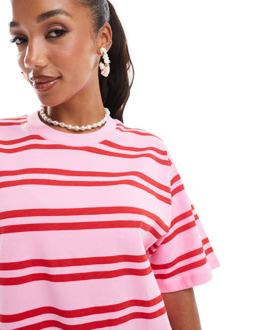 Vestido corto a rayas rosas y rojas estilo camiseta extragrande de ASOS DESIGN, 4 de 4