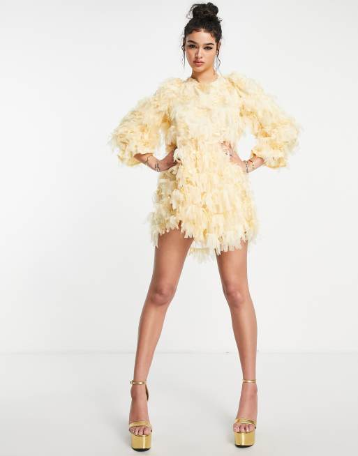 Vestido corto amarillo de manga larga con volantes y lazada en la espalda de Sister Jane
