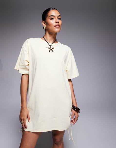Vestido corto amarillo estilo camiseta con lazadas fruncidas en el lateral de algodón de Fashionkilla - view 1