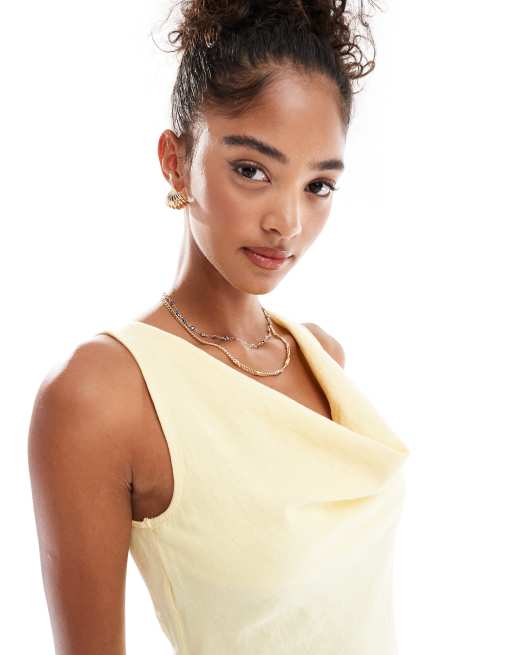 Vestido corto amarillo limón con cuello desbocado de mezcla de lino Haven de Cotton On, 3 de 4