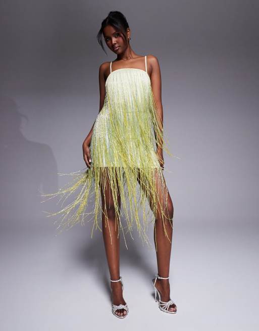 Vestido corto amarillo tenue de tirantes con flecos de cuentas de ASOS DESIGN, 4 de 4