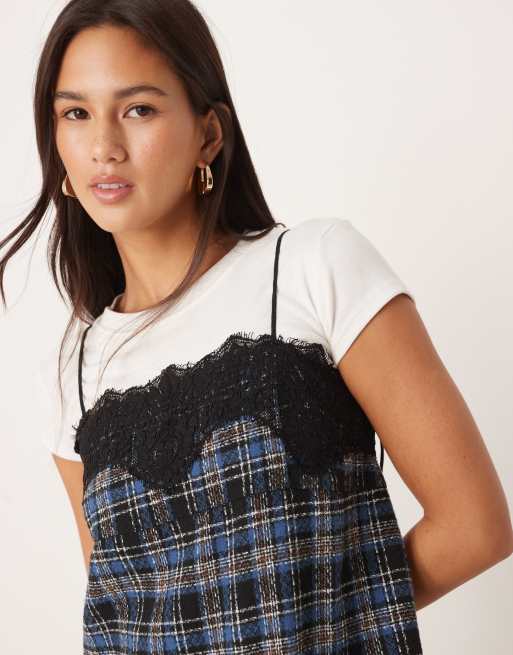 Vestido corto azul a cuadros con capa superior de encaje de ASOS DESIGN, 4 de 4