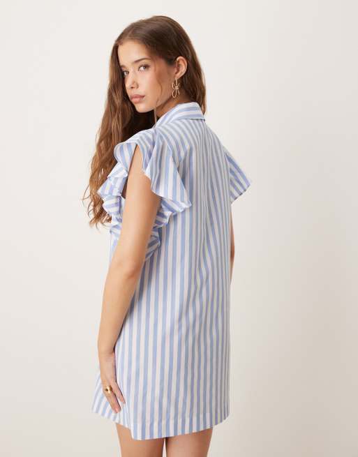 Vestido corto azul a rayas sin mangas con volantes de ASOS DESIGN, 4 de 4