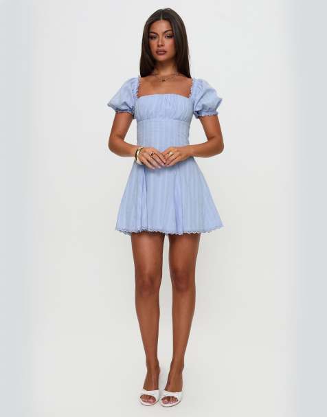 Vestido corto azul claro de corte evasé con mangas abullonadas y ribete de encaje Rabatia de Princess Polly - view 1