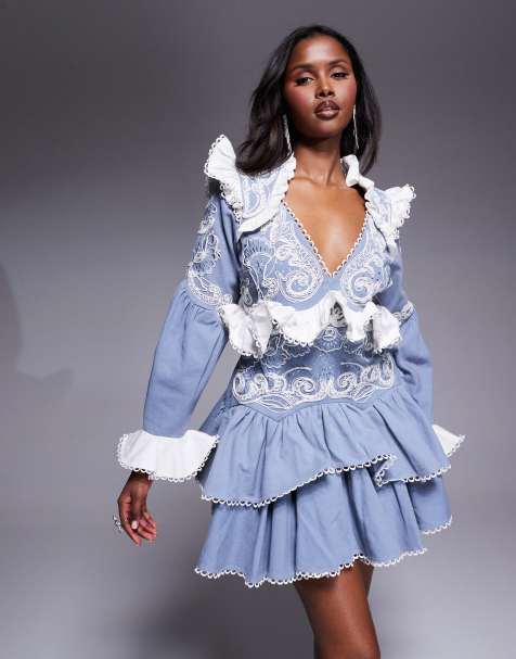 Vestido corto azul con bordados de estilo wéstern de sarga de algodón de ASOS LUXE - view 1