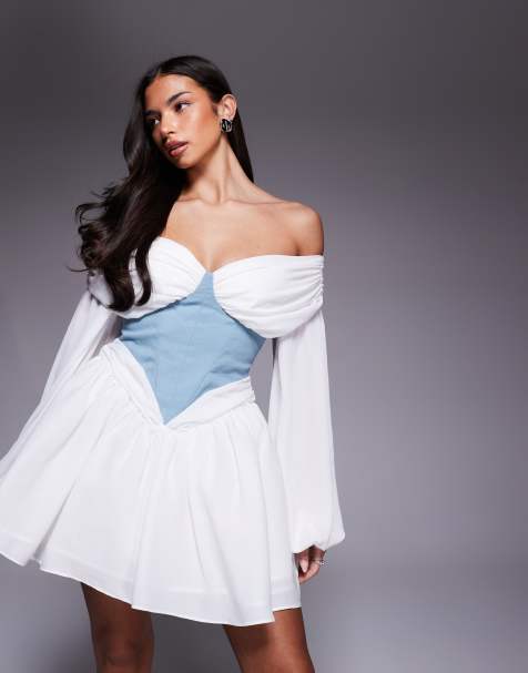 Vestido corto azul con escote Bardot y detalle de corsé en la cintura de ASOS LUXE - view 1