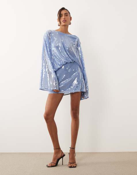 Vestido corto azul con mangas murciélago y cuerpo drapeado de lentejuelas efecto cristal de ASOS DESIGN - view 1