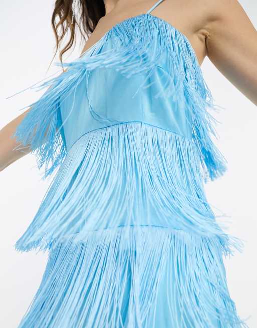 Vestido corto azul de tirantes con flecos premium de Extro & Vert, 4 de 4