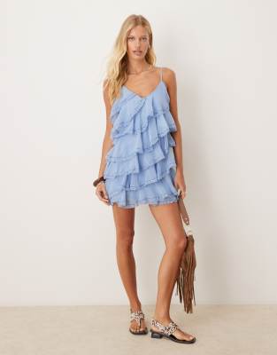 Vestidos estilo A-line de chiffon con escote en V y abertura Azul Polvoriento