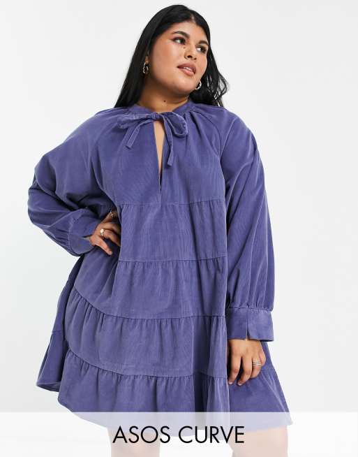 Vestido corto azul escalonado de corte amplio de pana de ASOS DESIGN Curve