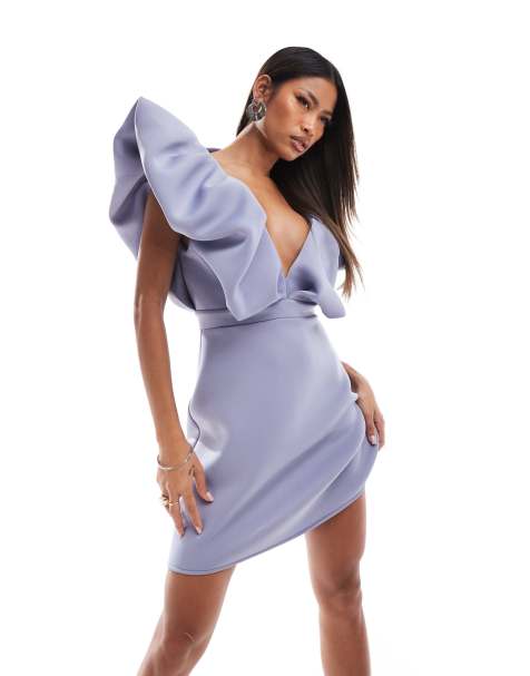 Vestido corto azul escotado con volantes abullonados de tejido efecto neopreno de ASOS DESIGN - view 1