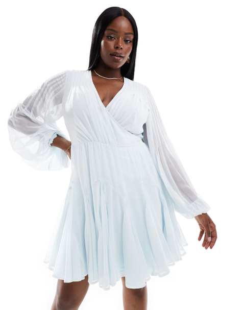 Vestido corto azul hielo cruzado con mangas globo y detalle de lazada en la cintura de ASOS DESIGN Curve - view 1
