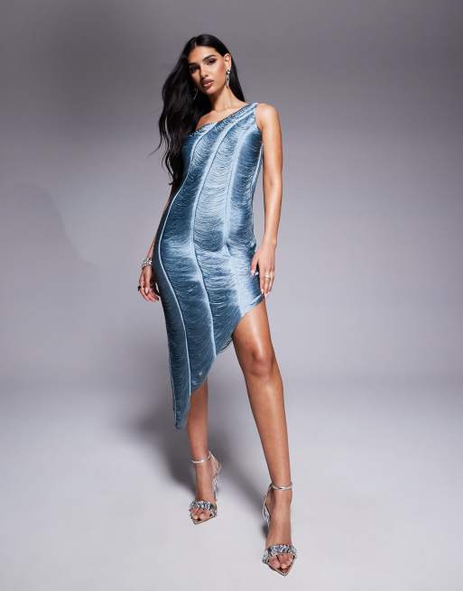 Vestido corto azul mar drapeado y asimétrico con flecos de ASOS