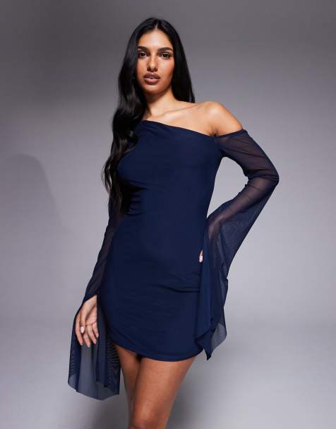 Vestido corto azul marino asimétrico con mangas extragrandes estilo fular de malla de ASOS DESIGN - view 1