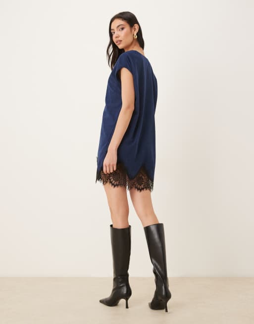 Vestido corto azul marino de corte recto de pana con ribete de encaje de ASOS DESIGN, 3 de 4