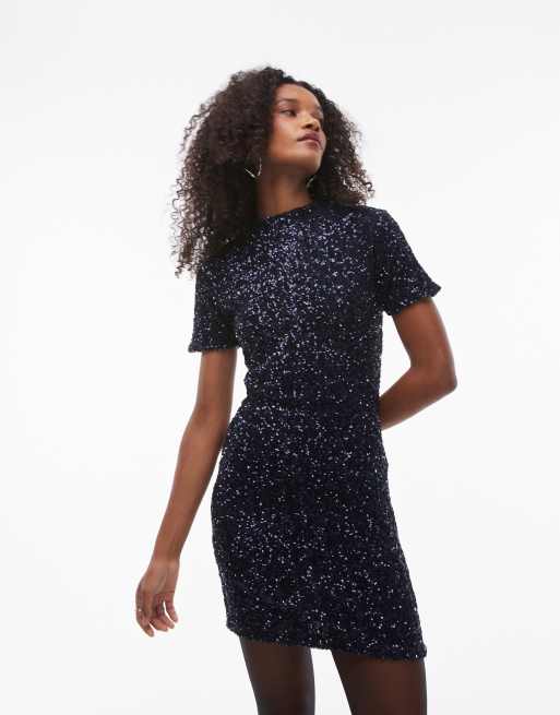 Vestido corto azul marino de manga corta de lentejuelas de Mango