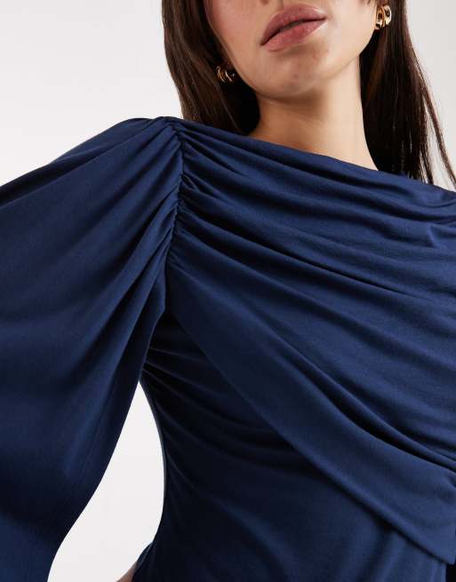 Vestido corto azul marino drapeado con detalle de fular de ASOS DESIGN, 3 de 4