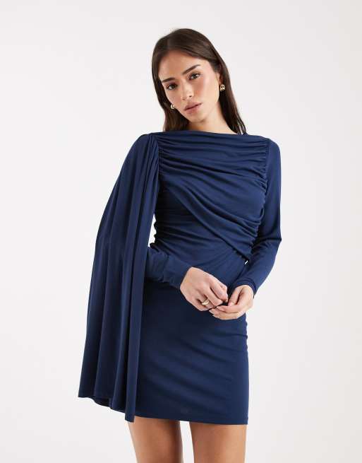 Vestido corto azul marino drapeado con detalle de fular de ASOS DESIGN, 4 de 4