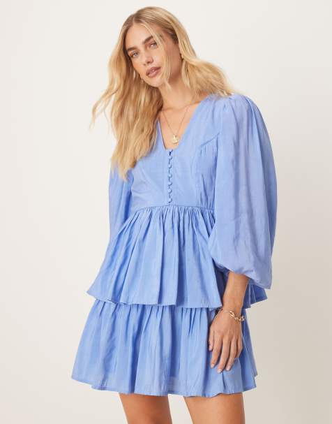 Vestido corto azul Provenza de estilo boho con botones delanteros y mangas abullonadas de YAS - view 1