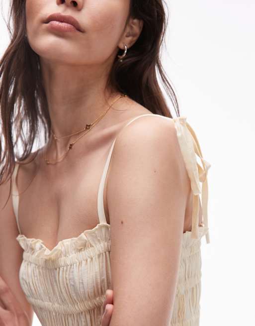 Vestido corto beis con pecho fruncido de tejido efecto rugoso de Topshop, 3 de 4