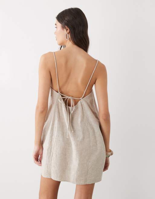Vestido corto beis de tirantes con bolsillos de mezcla de lino de Monki, 3 de 4