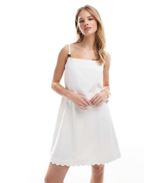 Vestido corto blanco con bajo festoneado de mezcla de lino de French Connection - view 1