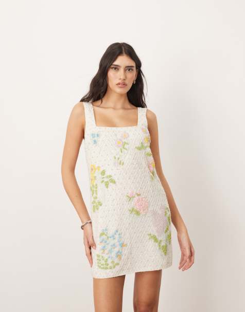 Vestido corto blanco con escote cuadrado y diseño floral adornado con cuentas de ARRANGE - view 1