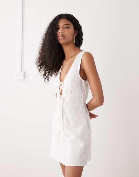 Vestido corto blanco con lazada delantera de mezcla de lino de Monki - view 1