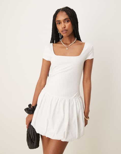 Vestido corto blanco de manga corta con bajo abullonado y escote cuadrado de Mango - view 1