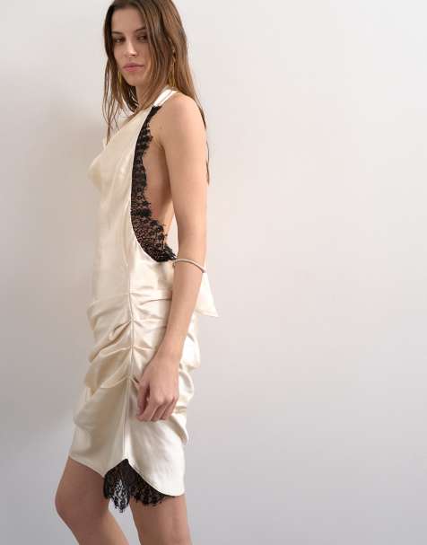 Vestido corto blanco ostra de satén con cuello halter desbocado y ribete de encaje negro en contraste de Topshop - view 1