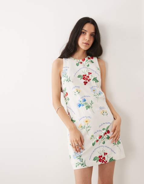 Vestido corto blanco recto sin mangas con estampado de frutas de mezcla de lino Palermo de Nobody's Child - view 1