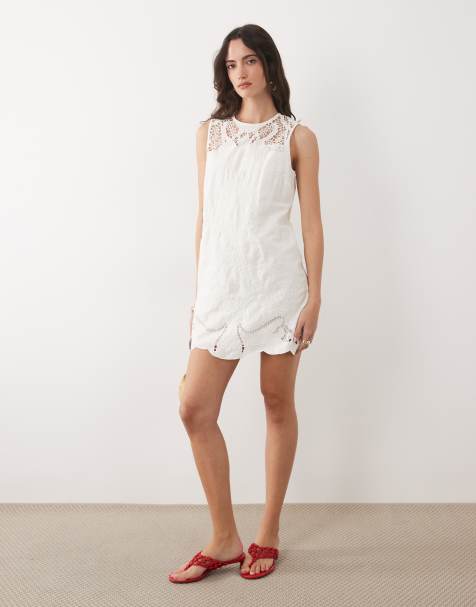 Vestido corto blanco sin mangas con detalle de bordado inglés de mezcla de algodón Sonia de Nobody's Child - view 1