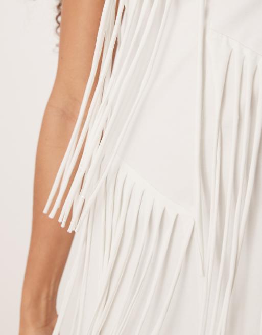 Vestido corto blanco sin mangas con flecos y detalle de bolsillos de ASOS DESIGN, 3 de 4