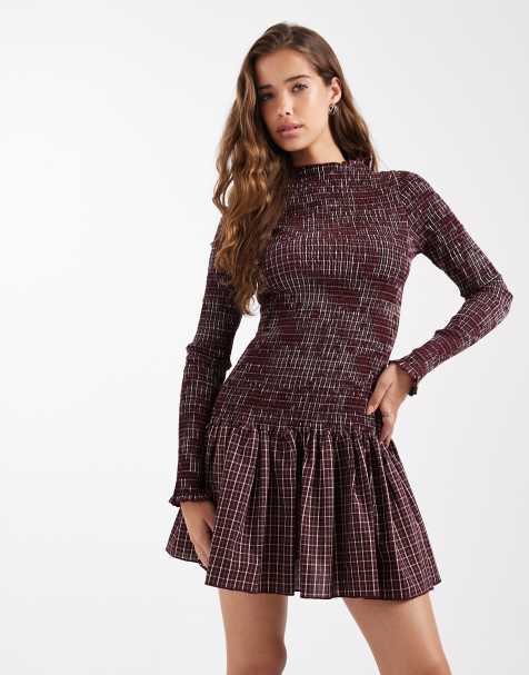 Vestido corto burdeos a cuadros fruncido con cintura baja de Daisy Street - view 1