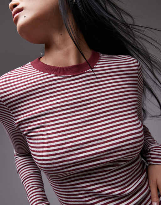Vestido corto burdeos a rayas de manga larga con cuello redondo de Topshop, 4 de 4