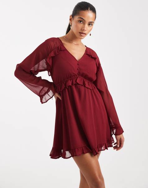 Vestido corto burdeos amplio y vaporoso con cuello de pico de Wednesday's Girl - view 1