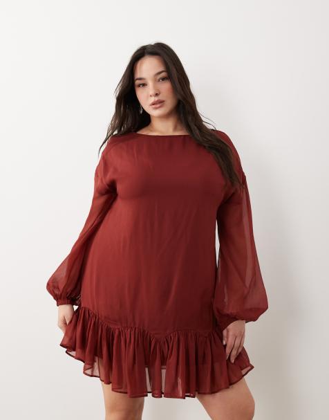 Vestido corto burdeos con cuello barco y godets de chifón de ASOS DESIGN Curve - view 1