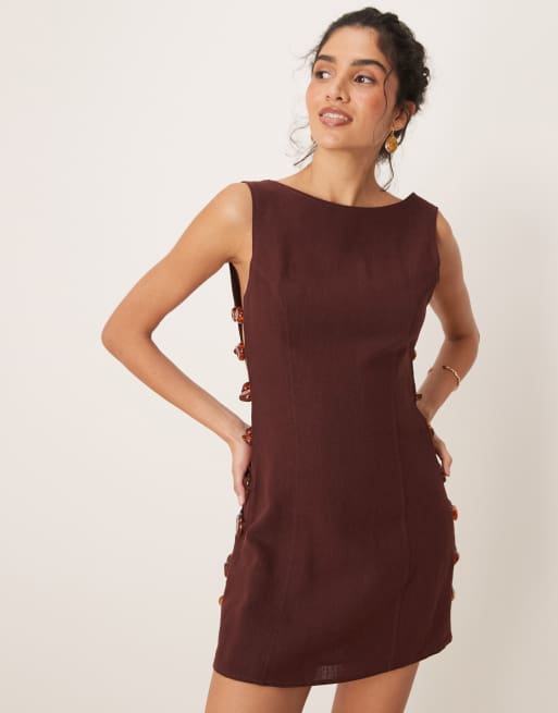 Vestido corto burdeos con detalle de cuentas de lino Tia de VRG GRL, 2 de 4