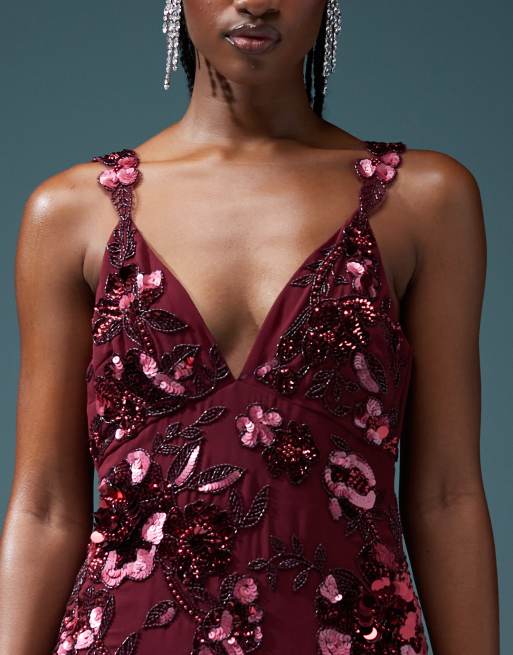 Vestido corto burdeos con diseño floral de abalorios y flecos de cuentas de ASOS DESIGN, 2 de 4
