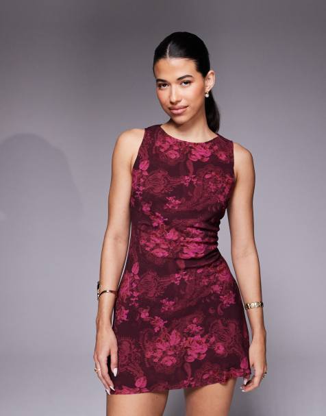 Vestido corto burdeos con estampado de rosas y cachemir de malla Vivre de Princess Polly - view 1