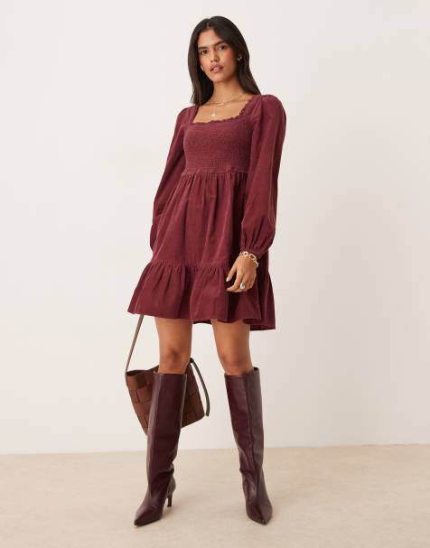 Vestido corto burdeos con mangas globo de pana de Nobody's Child - view 1