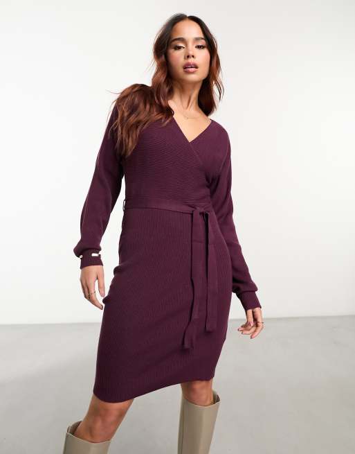 Vestido corto burdeos cruzado de manga larga con cinturón de punto de Vero Moda , 3 de 4