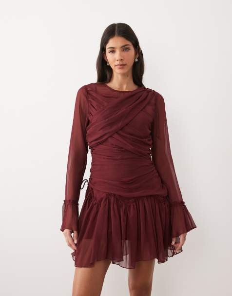 Vestido corto burdeos de manga larga con volante drapeado de ASOS DESIGN - view 1