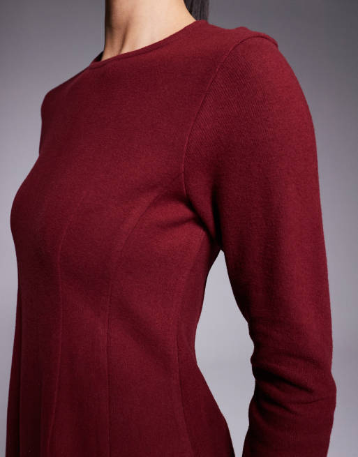 Vestido corto burdeos de manga larga y corte evasé de tejido muy suave de ASOS DESIGN, 3 de 4