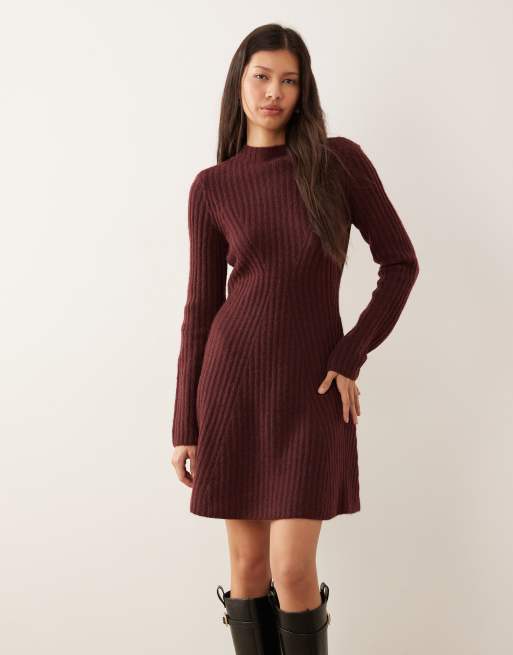 Vestido corto burdeos de punto acanalado reforzado de YAS, 3 de 4
