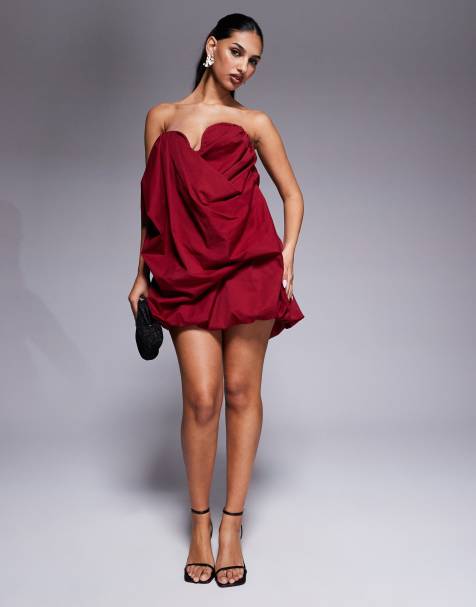Vestido corto burdeos estructurado con escote palabra de honor y diseño abullonado de ASOS DESIGN - view 1